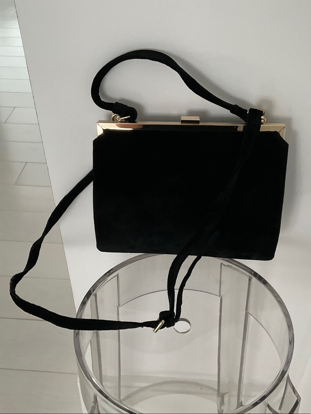 Black Velvet Top-Handle Satchel with Gold Trim - Picture 3 of 7